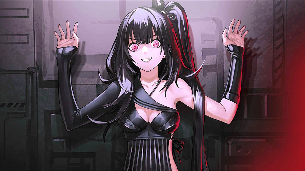 1girl :d against_wall android architect_(girls'_frontline) asymmetrical_shirt black_hair black_nails breasts cleavage collarbone detached_sleeves fingernails game_cg girls'_frontline grin hands_up infukun large_breasts long_hair looking_at_viewer official_art one_side_up open_mouth pale_skin pink_eyes pinstripe_pattern pinstripe_shirt ringed_eyes sangvis_ferri shirt side_slit smile straight-on striped teeth upper_body very_long_hair wide-eyed