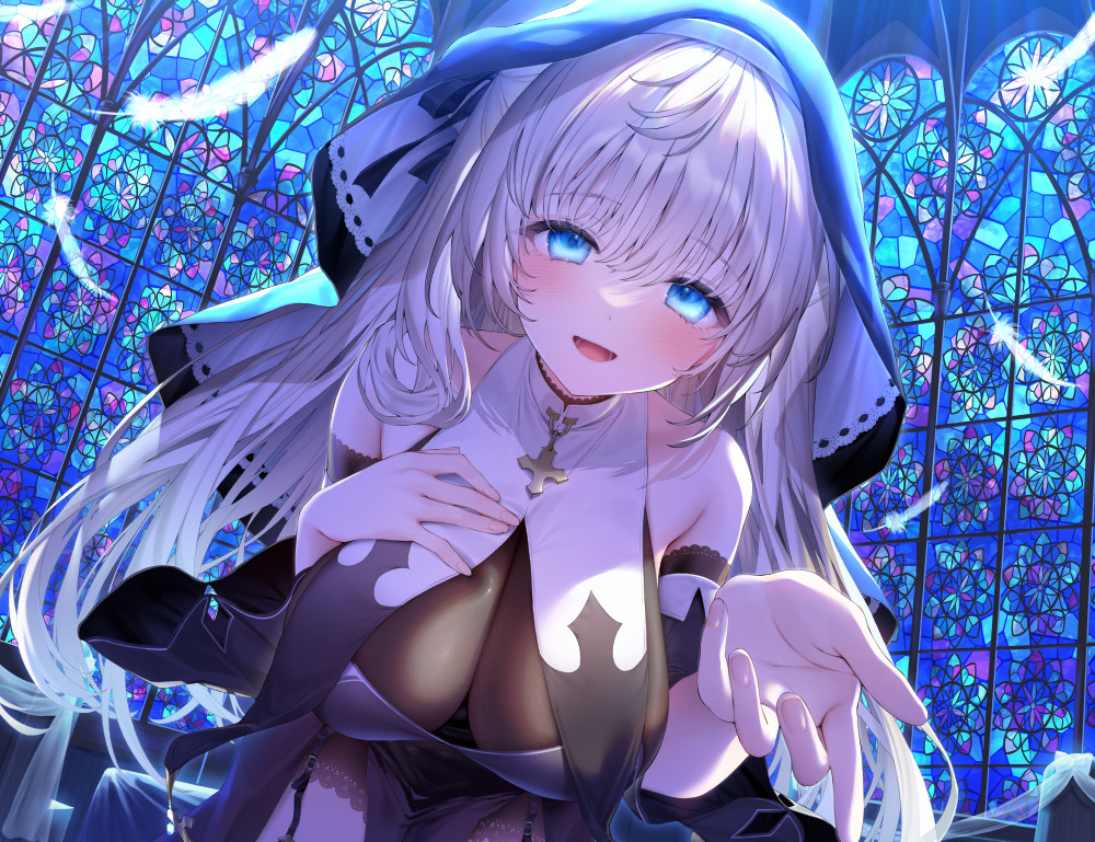 1girl bare_shoulders blue_eyes blush breasts cross feathers garter_straps long_hair looking_at_viewer navy_(navy.blue) nun open_mouth original stained_glass