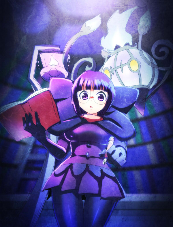 1girl ass_visible_through_thighs black_bow black_pantyhose blunt_bangs bob_cut bow breasts chandelure fire ghost glasses holding holding_notebook holding_pen large_bow large_breasts notebook pantyhose pen pokemon pokemon_(creature) pokemon_(game) pokemon_bw purple_eyes purple_fire purple_hair purple_skirt round_eyewear shauntal_(pokemon) skirt tamaume