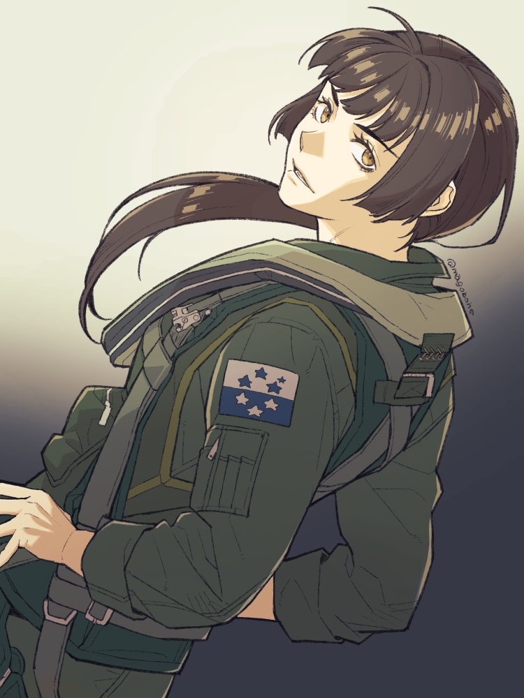 1girl ace_combat ace_combat_7 black_hair brown_eyes gradient_background hands_on_own_hips harness huxian long_hair looking_at_viewer looking_to_the_side magobohe osean_flag parted_bangs parted_lips patch pilot pilot_suit ponytail strap twitter_username