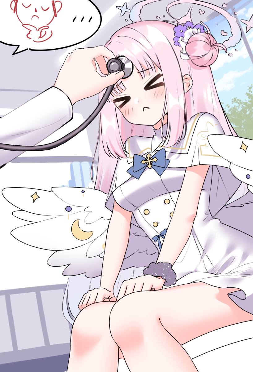&gt;_&lt; 1boy 1girl :&lt; angel_wings arona's_sensei_doodle_(blue_archive) blue_archive capelet clinic commentary_request dress feathered_wings flower forehead frilled_dress frills hair_bun hair_flower hair_ornament hair_scrunchie halo highres holding_stethoscope indoors ine_(ineinnen) long_hair looking_at_viewer mika_(blue_archive) one_side_up out_of_frame parted_bangs pink_hair school_uniform scrunchie sensei_(blue_archive) sidelocks single_side_bun sitting spoken_character v_arms white_capelet white_dress white_wings window wings wrist_scrunchie