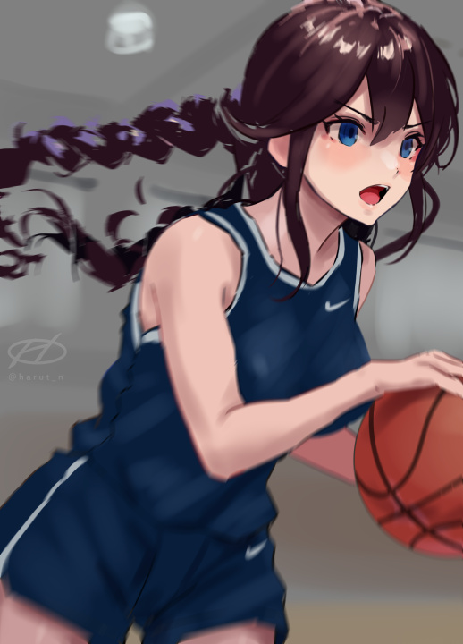 1girl alternate_costume ball basketball basketball_uniform blue_shorts blue_tank_top braid brown_hair commentary_request cowboy_shot green_eyes haruto_(harut_n) kantai_collection logo long_hair nike noshiro_(kancolle) one-hour_drawing_challenge open_mouth playing_games shorts solo sportswear swept_bangs tank_top twin_braids