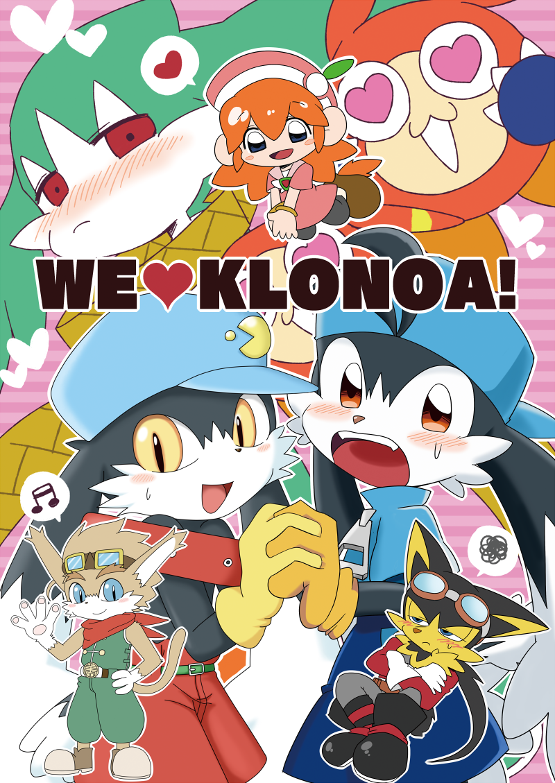 1girl blue_eyes blue_headwear blush character_request dual_persona guntz heart heart-shaped_pupils kaze_no_klonoa klonoa koke_ojisan lolo_(klonoa) looking_at_viewer moo_(klonoa) musical_note pac-man_eyes red_eyes symbol-shaped_pupils yellow_eyes