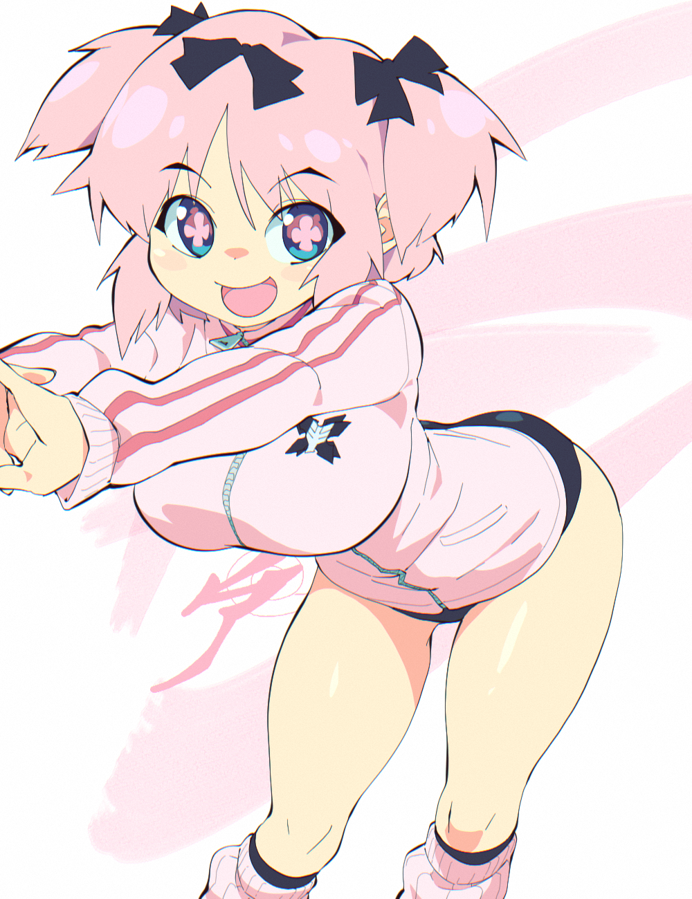 1girl :d aetherion bent_over black_bow black_buruma blue_eyes bow breasts buruma hair_bow hibari_(senran_kagura) highres jacket large_breasts leg_warmers looking_at_viewer open_mouth pink_hair pink_jacket pink_leg_warmers senran_kagura smile solo symbol-shaped_pupils track_jacket two_side_up zipper zipper_pull_tab