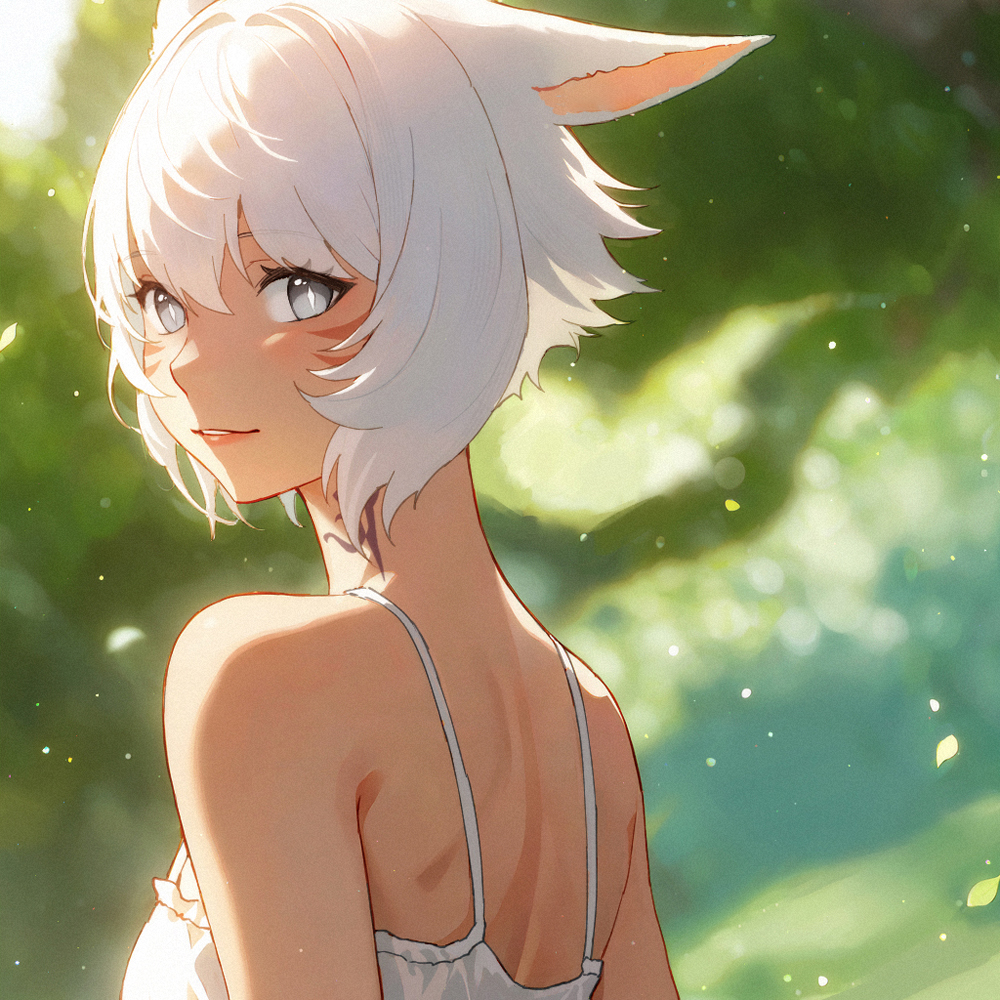 1girl animal_ears bare_shoulders blurry blurry_background dappled_sunlight dress english_commentary facial_mark falling_petals final_fantasy final_fantasy_xiv floating_hair grey_eyes hair_between_eyes light_blush looking_at_viewer looking_back lyra-kotto miqo'te neck_tattoo outdoors parted_lips petals short_hair sleeveless sleeveless_dress smile solo summer sunlight tattoo upper_body whisker_markings white_dress white_hair wind y'shtola_rhul