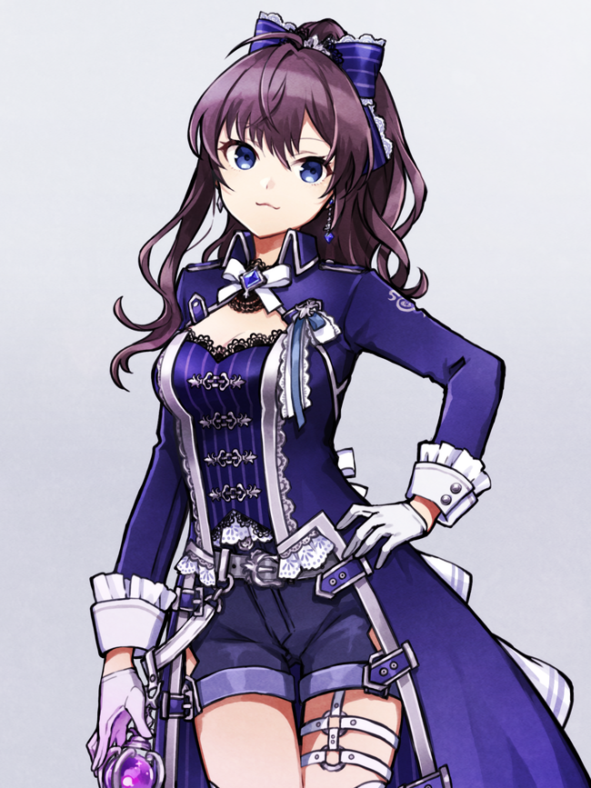 1girl :3 ahoge belt belt_buckle blue_eyes blue_jacket blue_ribbon blue_shirt blue_shorts bow breasts brown_hair buckle buzz cleavage closed_mouth cowboy_shot dot_nose earrings garter_straps gloves grey_background grey_belt hair_bow hair_ribbon hand_on_own_hip ichinose_shiki idolmaster idolmaster_cinderella_girls idolmaster_cinderella_girls_starlight_stage jacket jewelry lace-trimmed_ribbon lace-trimmed_shirt lace_trim long_hair long_sleeves looking_at_viewer medium_breasts ribbon shirt shorts simple_background single_garter_strap smile solo standing striped striped_ribbon white_gloves