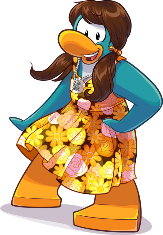 avian bird brown_hair clothing club_penguin dress female floral_dress full-length_portrait hair hand_on_hip jewelry long_hair looking_at_viewer mckenzie_(club_penguin) necklace official_art open_mouth orange_clothing orange_dress penguin pigtails portrait solo unknown_artist upper_teeth_only