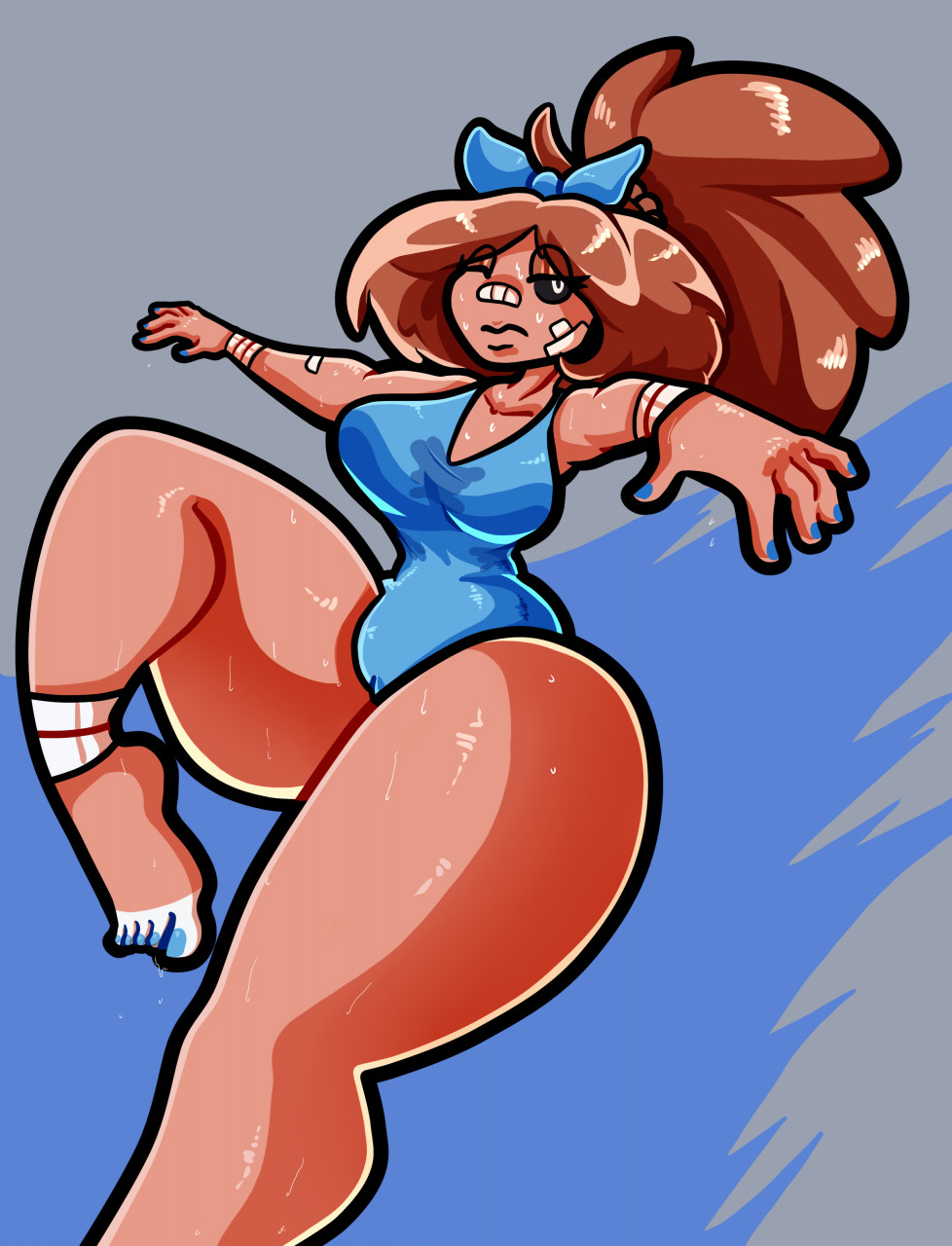 anthro bodily_fluids breasts brown_body clothed clothing digital_media_(artwork) feet female fingers generation_2_pokemon hair hi_res hitmontop kiss_the_carrot looking_at_viewer nails nintendo pokemon pokemon_(species) shaded simple_background solo sweat thick_thighs toenails toes wide_hips