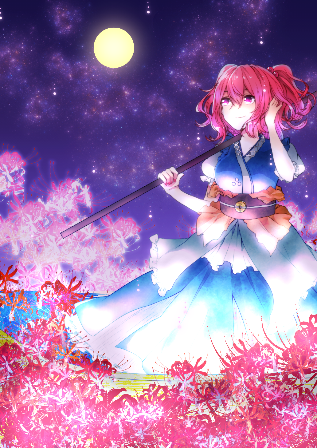1girl apron belt black_belt blue_dress boat breasts closed_mouth coin dress flower frills full_moon gradient_hair hair_between_eyes hair_bobbles hair_ornament hands_up highres holding holding_scythe holding_weapon looking_up medium_breasts moon multicolored_hair night night_sky notsuki_(koma128) onozuka_komachi outdoors pink_eyes pink_hair puffy_short_sleeves puffy_sleeves purple_sky red_eyes red_flower river sanzu_river scythe shirt short_hair short_sleeves short_twintails sky smile solo standing star_(sky) starry_sky touhou twintails water watercraft weapon white_apron white_shirt yellow_moon