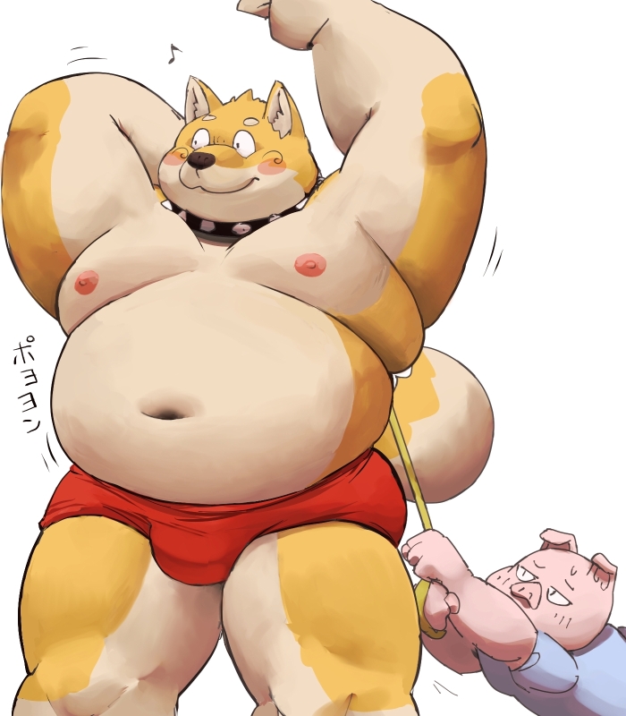 2023 anthro belly big_belly black_nose blush bulge canid canine canis clothing collar domestic_dog domestic_pig duo japanese_text kemono leash male mammal meg_hoi moobs navel nipples overweight overweight_male suid suina sus_(pig) text underwear