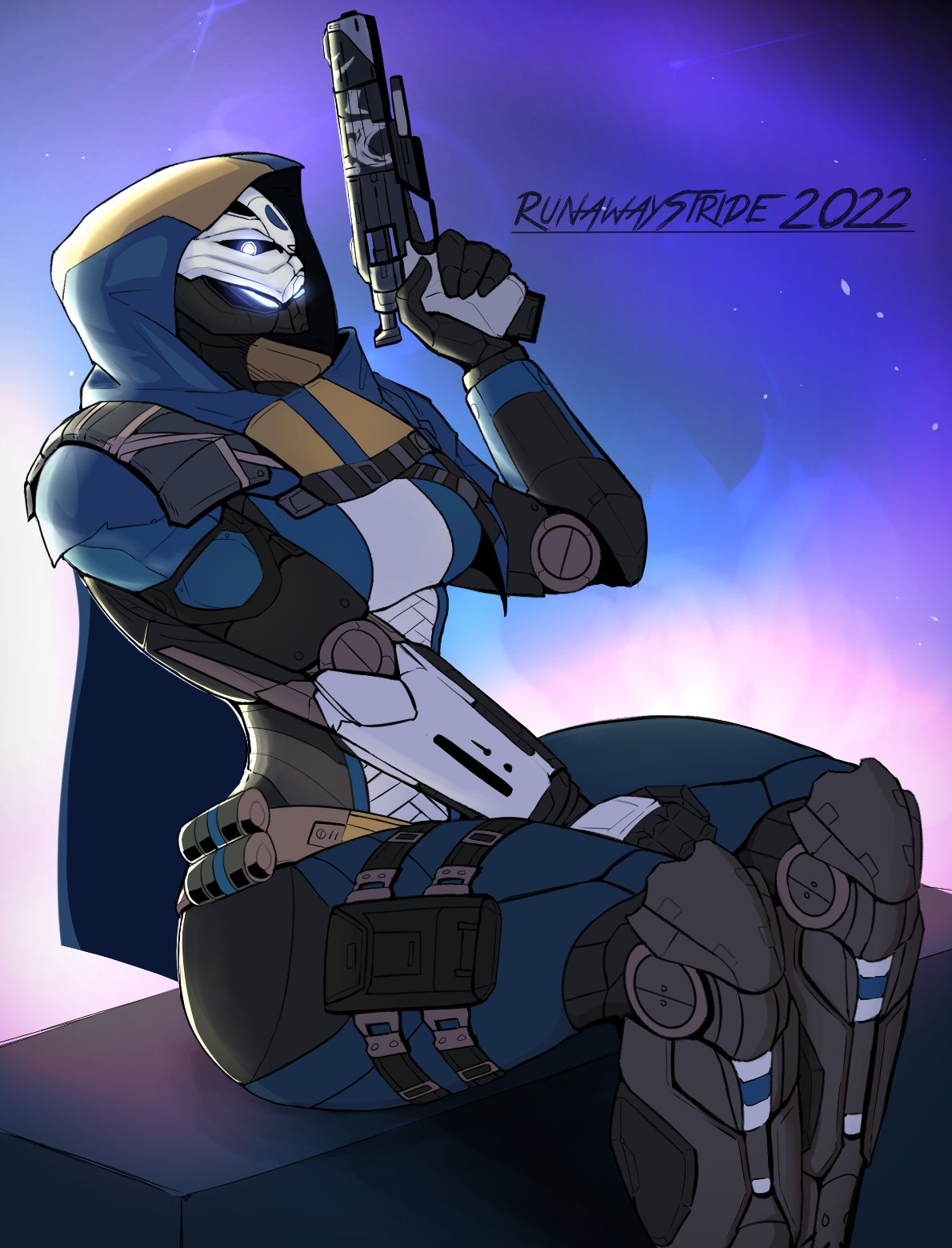 2022 5_fingers armor belt big_breasts biped blue_clothing blue_eyes blue_mouth bodysuit breasts butt cape cel_shading clothed clothing dated destiny_(video_game) exo exo_stranger female fingers fully_clothed gloves glowing glowing_eyes glowing_mouth greaves gun handgun handwear hi_res holding_gun holding_handgun holding_object holding_pistol holding_weapon hood humanoid light lighting looking_at_viewer machine not_furry pistol portrait ranged_weapon robot robot_humanoid runawaystride shaded side_butt signature sitting skinsuit sky solo star starry_sky thick_thighs thigh_belt three-quarter_portrait three-quarter_view tight_clothing trigger_discipline vambrace weapon white_clothing wide_hips