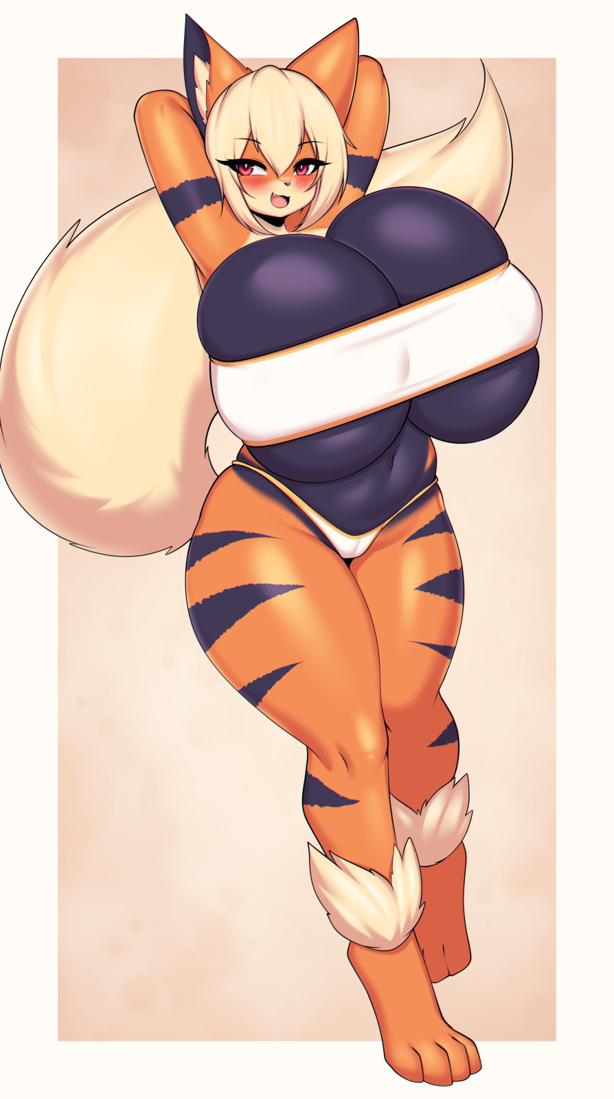 anthro arcanine big_breasts blonde_hair blush bra breasts clothing female fur generation_1_pokemon hair hi_res huge_breasts nintendo open_mouth orange_body orange_eyes orange_fur panties pokemon pokemon_(species) simple_background solo striped_body striped_fur stripes tail tailzkim underwear