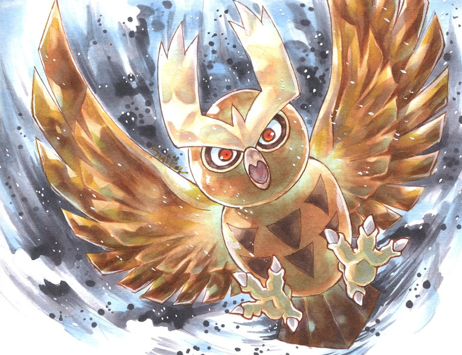 bird full_body fullmofsuika grey_background looking_at_viewer marker_(medium) no_humans noctowl owl pokemon pokemon_(creature) red_eyes solo traditional_media