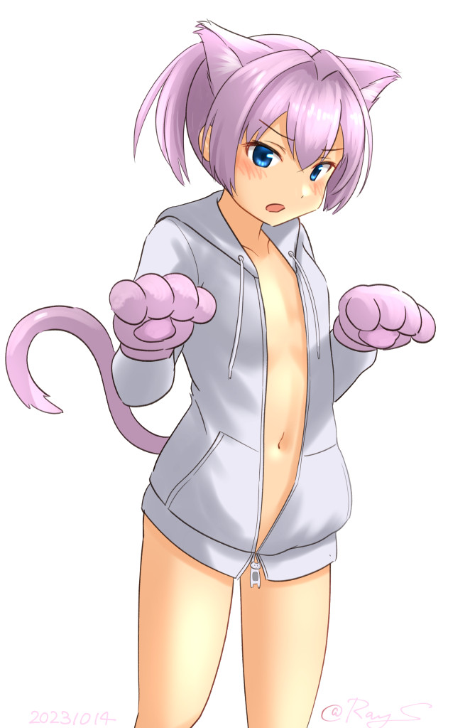 1girl animal_ears animal_hands blue_eyes cat_ears cat_tail feet_out_of_frame flat_chest gloves hood hooded_jacket jacket kantai_collection navel one-hour_drawing_challenge paw_gloves pink_hair ponytail ray.s shiranui_(kancolle) short_hair simple_background solo standing tail white_background white_jacket