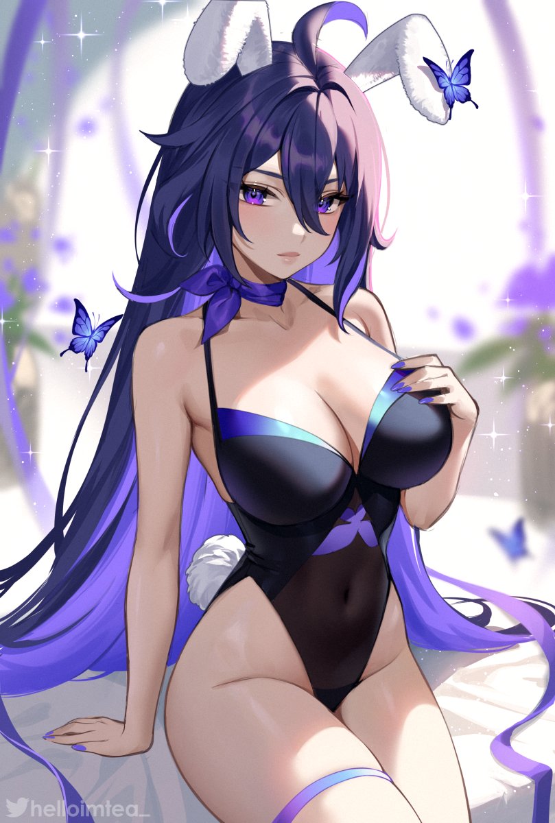 1girl ahoge animal_ears arm_support bare_shoulders black_leotard blurry blurry_background breasts bug butterfly choker cleavage commentary covered_navel fake_animal_ears groin hand_on_own_chest helloimtea highres honkai:_star_rail honkai_(series) large_breasts leotard long_hair looking_at_viewer nail_polish purple_choker purple_eyes purple_hair purple_nails rabbit_ears seele_(honkai:_star_rail) sitting solo spaghetti_strap thigh_strap thighs very_long_hair