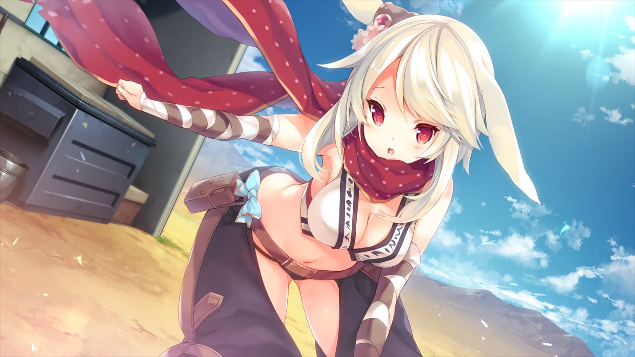 animal_ears bare_shoulders belt belt_pouch blush breasts cleavage crop_top detached_sleeves karakara_2_(game) mari_mizuno navel non-web_source outdoors p19 pouch red_scarf scarf sidelocks sun