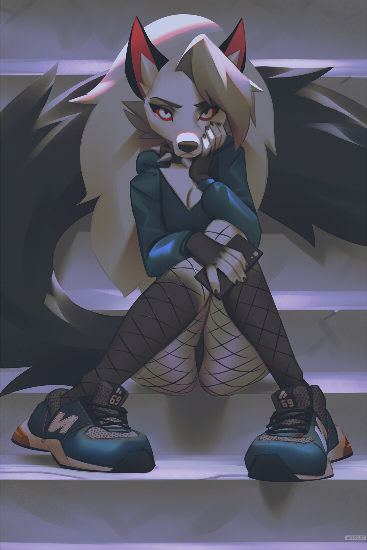 2023 anthro black_body black_fur breasts canid canid_demon cleavage clothed clothing demon female fishnet fishnet_legwear footwear frown fur hellhound helluva_boss legwear looking_at_viewer loona_(helluva_boss) mammal miles_df multicolored_body multicolored_fur new_balance panties phone red_sclera solo underwear white_body white_eyes white_fur