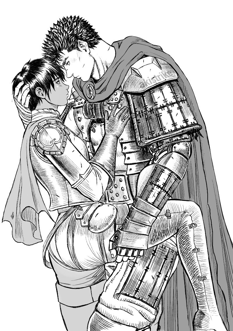 1boy 1girl aki_(akistrike) armor artist_name bandaged_arm bandages berserk black_hair blush boots cape casca_(berserk) dark-skinned_female dark_skin elbow_gloves english_commentary gloves greyscale guts_(berserk) hand_on_another's_chest hand_on_another's_head hand_on_another's_thigh imminent_kiss leg_up looking_at_another monochrome short_hair thigh_boots