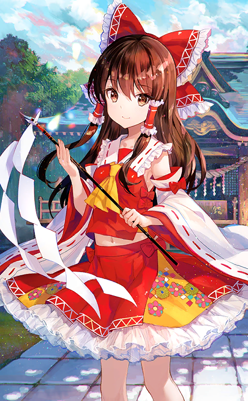 ascot blue_sky bow brown_eyes brown_hair closed_mouth cloud cloudy_sky collared_shirt detached_sleeves floral_print frilled_bow frilled_hair_tubes frilled_shirt_collar frilled_skirt frills fuzichoco gohei grass hair_bow hair_tubes hakurei_reimu hakurei_shrine holding holding_gohei long_hair midriff official_art outdoors path red_bow red_skirt red_vest ribbon-trimmed_sleeves ribbon_trim shirt sidelocks skirt sky sleeve_bow sleeveless sleeveless_shirt smile touhou touhou_cannonball tree vest waist_bow white_sleeves wide_sleeves yellow_ascot yellow_shirt