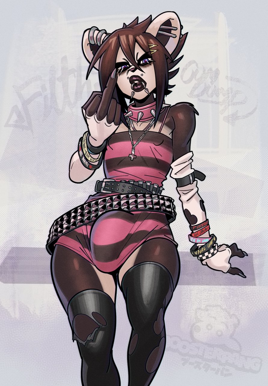 anthro armwear artist_logo artist_name bear belt big_bulge blair_(discoverychannelofficial) boosterpang bulge clothing collar dress ear_piercing elbow_gloves emo english_text facial_piercing fingerless_elbow_gloves fingerless_gloves giant_panda girly gloves goth hair handwear hi_res japanese_text logo looking_at_viewer male mammal piercing rude rude_gesture short_hair simple_background sitting solo spiked_collar spikes text torn_clothing
