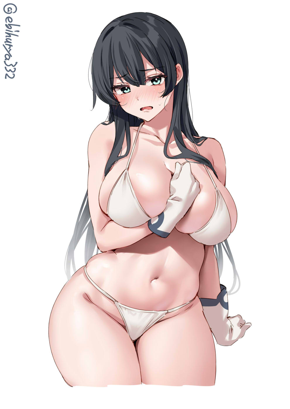 1girl agano_(kancolle) bikini black_hair blush breasts cleavage collarbone cowboy_shot cropped_legs ebifurya gloves green_eyes groin hair_between_eyes highres kantai_collection large_breasts long_hair looking_at_viewer navel one-hour_drawing_challenge open_mouth simple_background solo swimsuit white_background white_bikini white_gloves