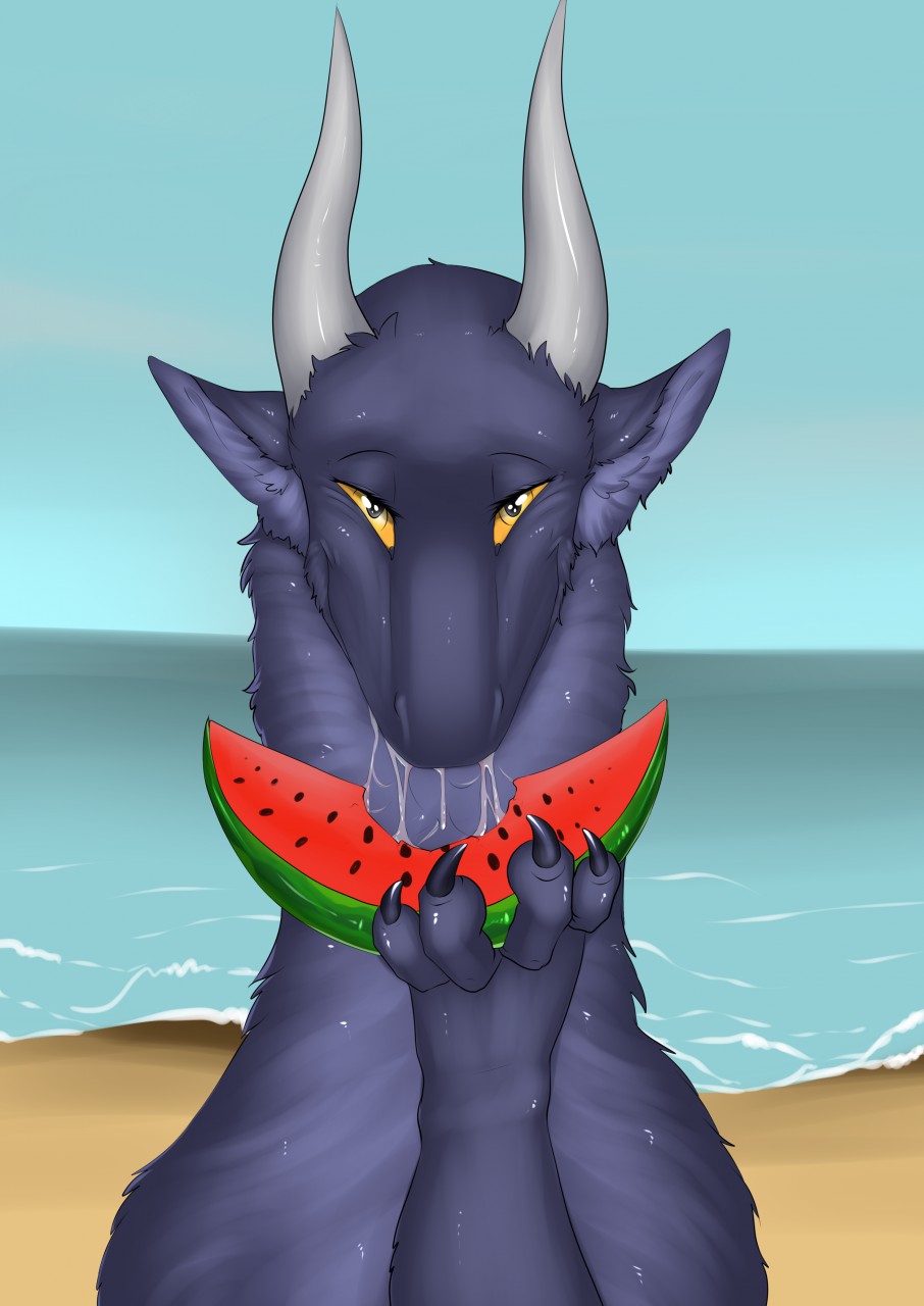 beach blue_body blue_fur bodily_fluids dragon drooling eating eating_food female feral food fruit fur furred_dragon hi_res looking_at_viewer melon messy_eater outside paws plant saliva samantha_fisher sand scalie sea seaside smile solo staffkira2891 water watermelon watermelon_slice western_dragon yellow_eyes