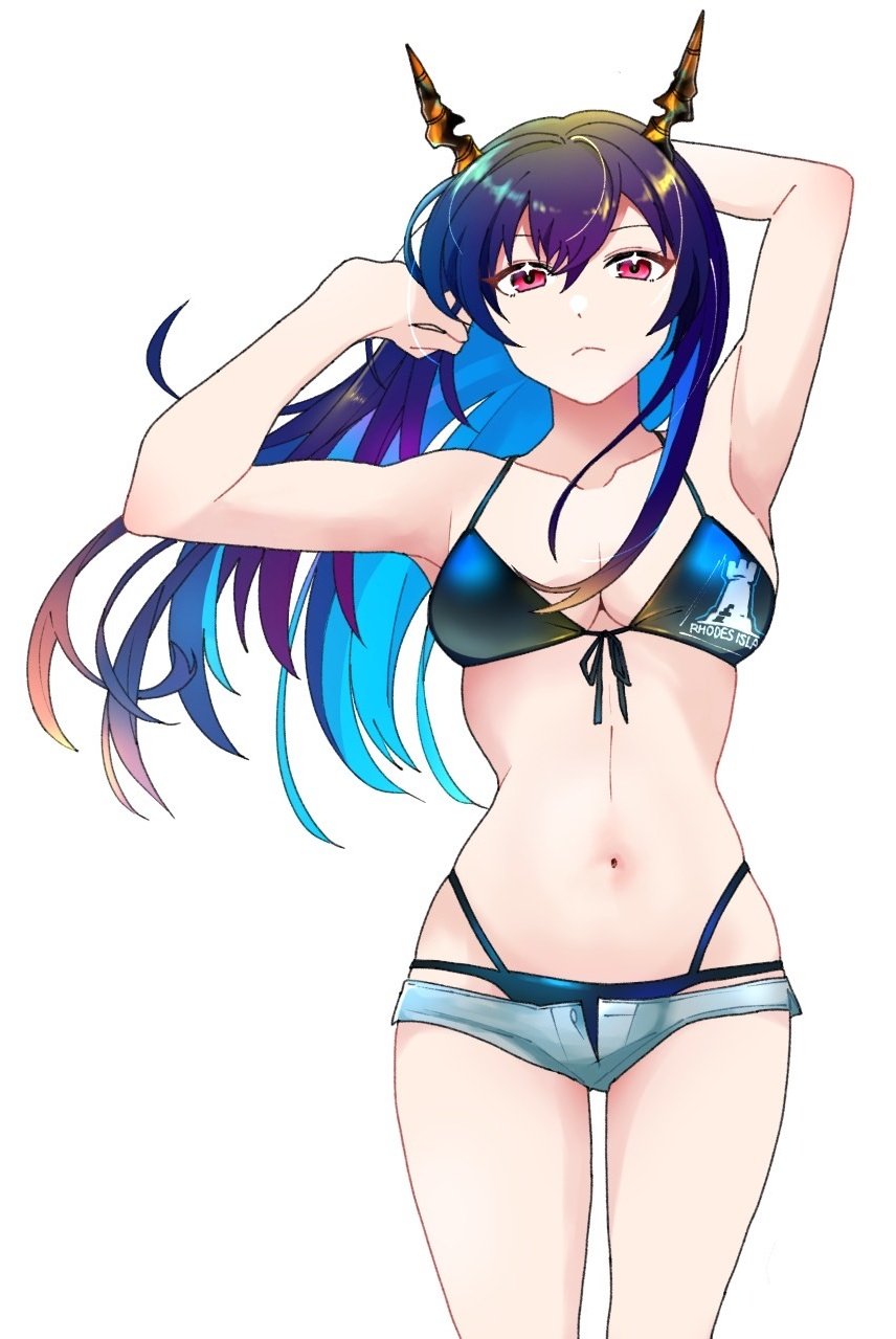 1girl arknights armpits arms_up bare_arms bare_shoulders basashisenjumin bikini blue_bikini blue_hair ch'en_(arknights) ch'en_the_holungday_(arknights) commentary_request cowboy_shot dragon_horns flower grey_shorts hair_between_eyes hair_flower hair_ornament hands_in_hair highres horns long_hair looking_at_viewer micro_shorts navel open_fly red_eyes red_flower shorts simple_background solo standing stomach swimsuit thighs very_long_hair white_background