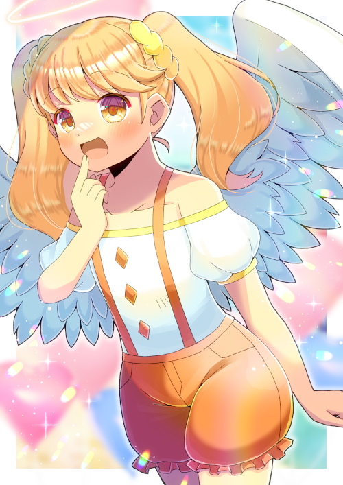 1girl :d bare_shoulders blonde_hair brown_eyes collarbone commentary_request commission feathered_wings finger_to_mouth frilled_shorts frills hair_ornament hair_scrunchie hand_up kou_hiyoyo looking_at_viewer off-shoulder_shirt off_shoulder poet_(pop'n_music) pop'n_music puffy_short_sleeves puffy_shorts puffy_sleeves scrunchie shirt short_sleeves shorts skeb_commission smile solo suspender_shorts suspenders twintails white_shirt white_wings wings yellow_scrunchie