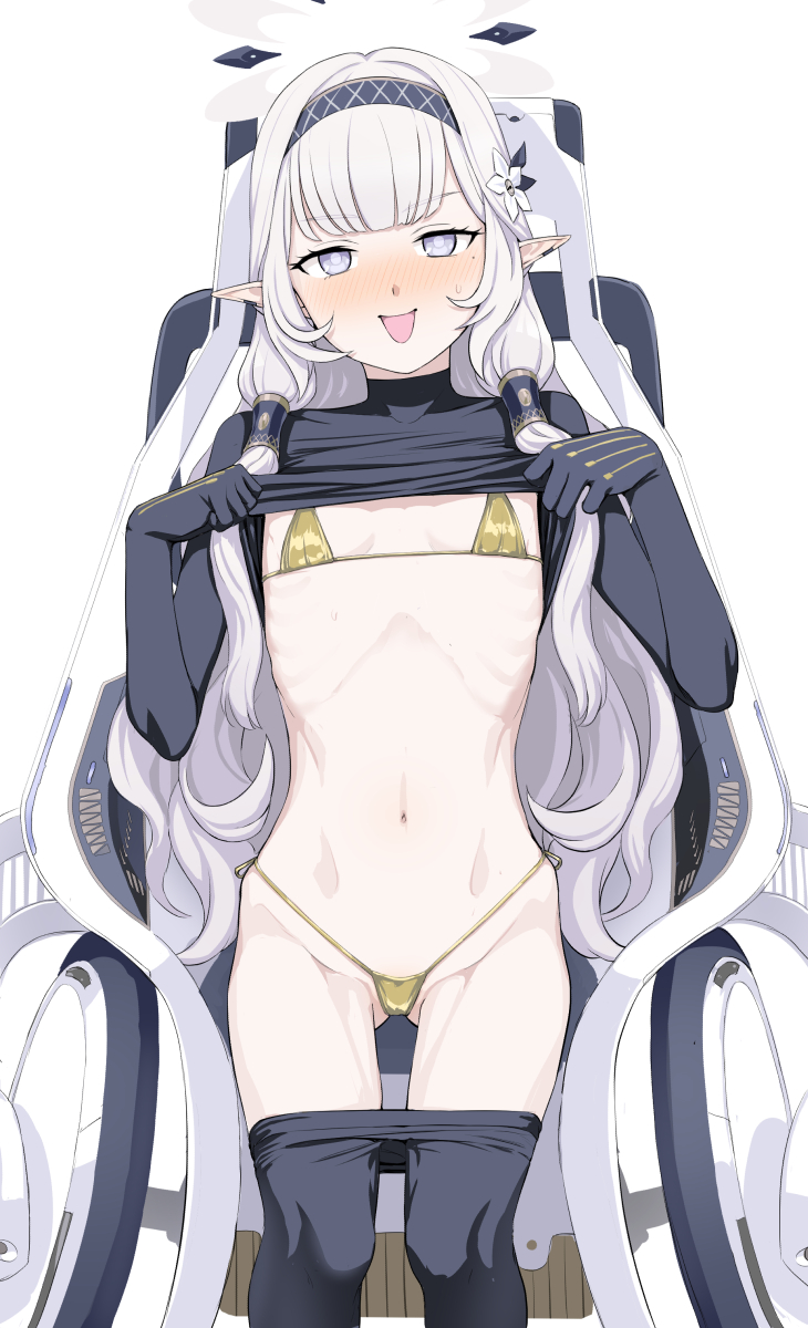 1girl ass_visible_through_thighs bikini black_hairband black_pantyhose blue_archive blush clothes_pull feet_out_of_frame flat_chest gold_bikini hairband halo highres himari_(blue_archive) kumadano long_hair mole mole_under_eye navel open_mouth pantyhose pantyhose_pull pointy_ears powered_wheelchair purple_eyes simple_background solo striped striped_hairband swimsuit wheelchair white_background white_hair