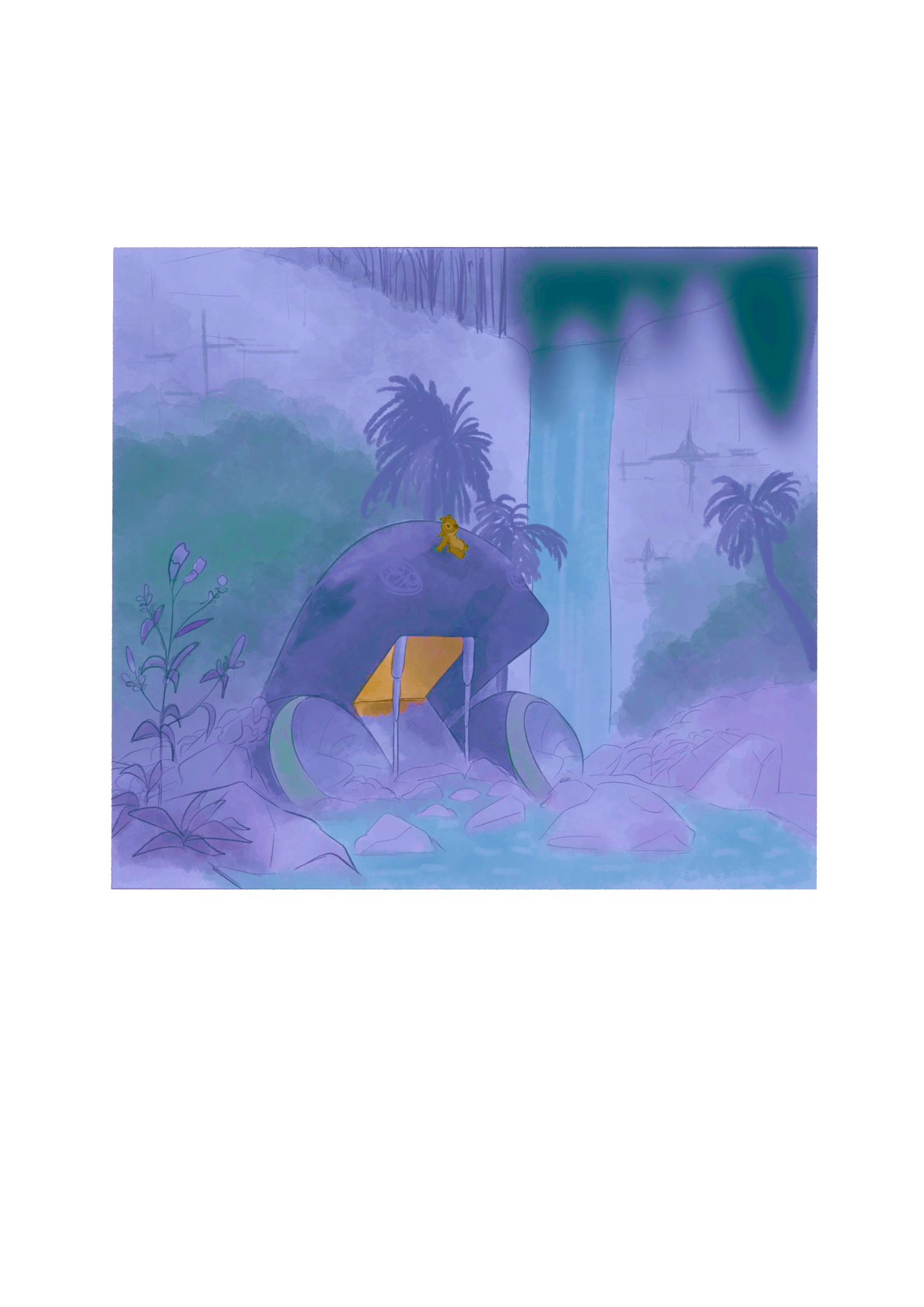 2023 alien ambiguous_gender antennae_(anatomy) anthro biped disney experiment_(lilo_and_stitch) fur hi_res lilo_and_stitch male_(lore) night outside palm_tree plant red_nose reuben_(lilo_and_stitch) sitting soar072_cartoon solo spacecraft tree vehicle water waterfall yellow_body yellow_fur