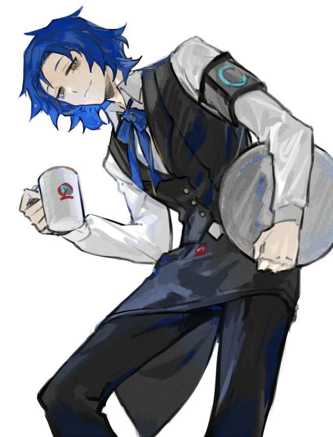 1boy apron armband black_apron black_pants black_vest blue_bow blue_bowtie blue_hair bow bowtie chesed_(project_moon) closed_mouth cup holding holding_cup holding_tray leaning_forward lobotomy_corporation long_sleeves looking_at_viewer mug nishikujic pants project_moon shirt simple_background smile solo tray vest waiter white_background white_shirt