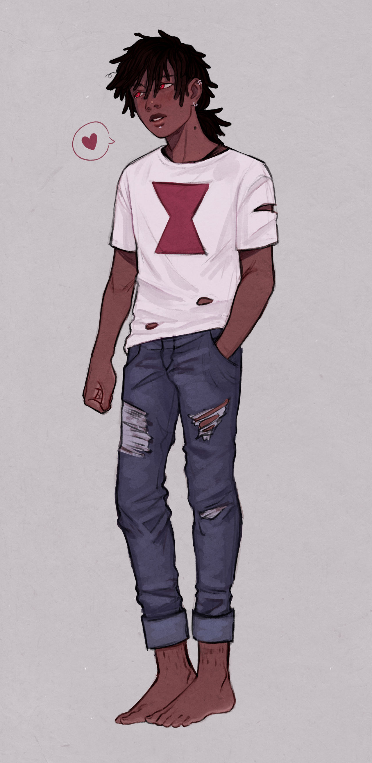 1boy absurdres adventure_time adventure_time:_fionna_and_cake barefoot black_hair blaye-art dark-skinned_male dark_skin denim full_body hair_between_eyes hand_in_pocket heart highres jeans male_focus marshall_lee mole mole_on_neck pants red_eyes shirt short_sleeves simple_background toes torn_clothes torn_pants