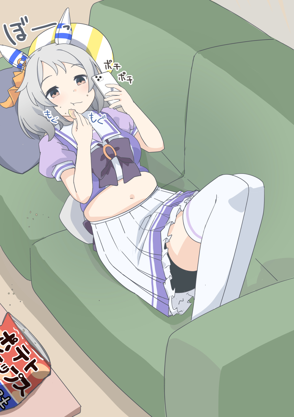 172cm 1girl animal_ears big_belly bike_shorts bloated breasts brown_eyes cellphone chips_(food) closed_mouth commentary_request couch eating empty_eyes fat food grey_hair highres hishi_miracle_(umamusume) horse_ears horse_tail lazy lying medium_breasts medium_hair phone pillow potato_chips school_uniform simple_background solo tail thighhighs tracen_school_uniform umamusume