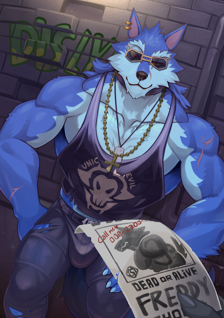 anthro biped blue_body blue_fur bulge canid canine canis claws clothed clothing countershade_face countershade_fur countershading duo ear_piercing english_text eyewear freddy_(dislyte) fur graffiti male mammal mumu202 muscular muscular_anthro muscular_male piercing solo_focus sunglasses tail text torn_clothing wanted_poster wolf