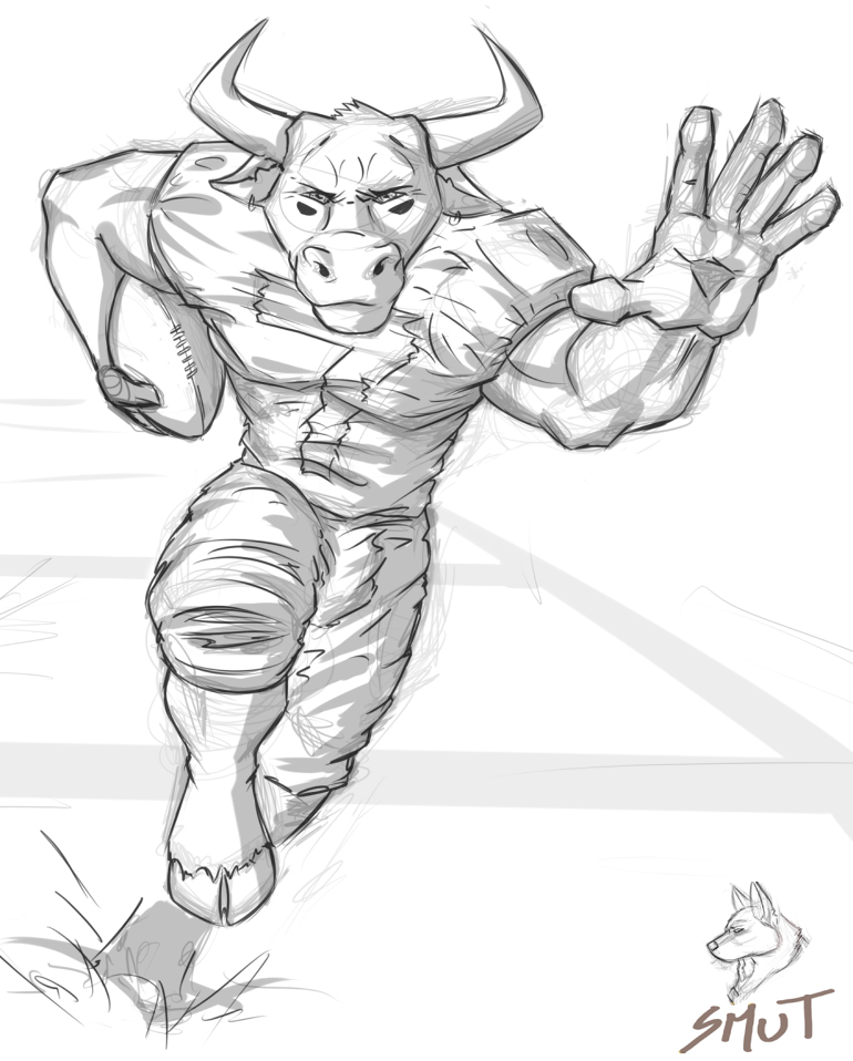 anthro bovid bovine coming_at_you football_gear football_player male mammal outstretched_hand solo unknown_artist