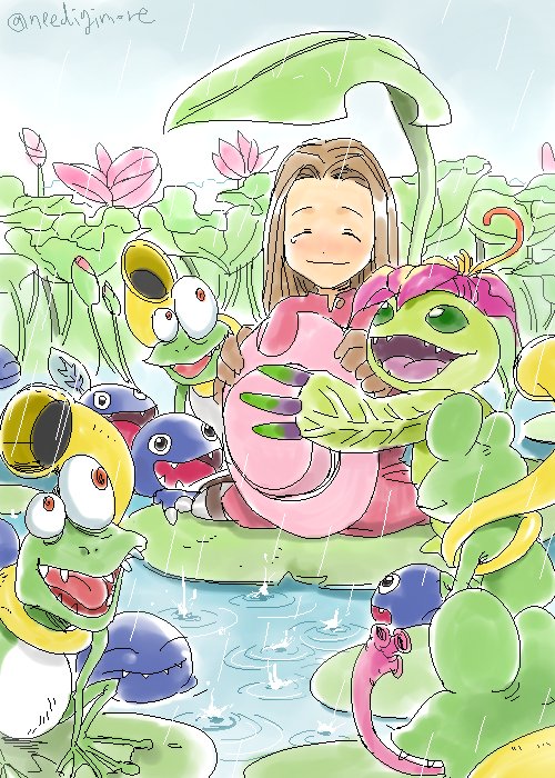 blush brown_eyes brown_gloves brown_hair child digimon digimon_(creature) digimon_adventure dress flower frog gekomon gloves happy hug long_hair needigimore otamamon palmon petals pink_dress pink_flower pink_headwear plant rain reptile sharp_teeth smile tachikawa_mimi teeth twitter_username water