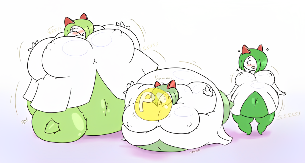 2019 air_inflation belly big_belly blowing_bubble_gum body_inflation bubble_gum clothing creaking digital_media_(artwork) excited female flat_colors generation_3_pokemon green_body green_hair group hair happy hyper hyper_belly immobile inflation inflation_fetish kirlia looking_at_belly looking_down lying navel nintendo nipple_outline not_furry on_front onomatopoeia p-balloon pokemon pokemon_(species) puffed_cheeks semi-stick simple_background sound_effects spherical_inflation standing swelling text trio white_background white_clothing