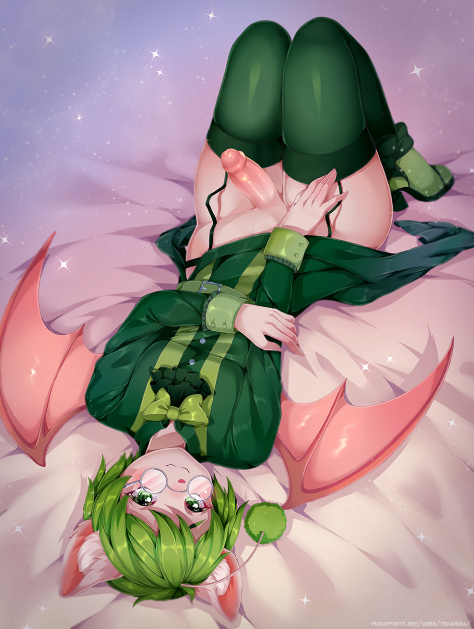 2022 anthro bedding bedding_background biped blush boots clothed clothing clothing_bow digital_media_(artwork) erection eric_the_moogle eyewear facial_blush final_fantasy footwear garter_straps genitals glans glasses green_boots green_clothing green_eyes green_footwear green_hair green_legwear green_thigh_highs hair hi_res humanoid_genitalia humanoid_penis inner_ear_fluff legwear lying male mammal membrane_(anatomy) membranous_wings moogle on_back penis pink_inner_ear round_glasses shaded solo square_enix tekahika text thigh_highs tuft url white_inner_ear_fluff wings
