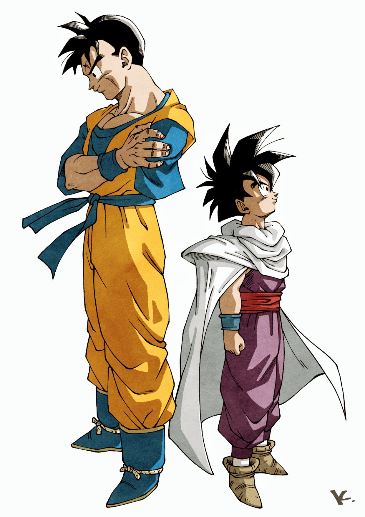 2boys back-to-back black_hair blue_footwear blue_sash blue_shirt boots brown_footwear cape character_request dragon_ball full_body highres jumpsuit kakeru_(dbskakeru) missing_limb multiple_boys orange_jumpsuit purple_jumpsuit red_sash sash shirt simple_background son_gohan son_gohan_(future) spiked_hair toriyama_akira_(style) white_background white_cape