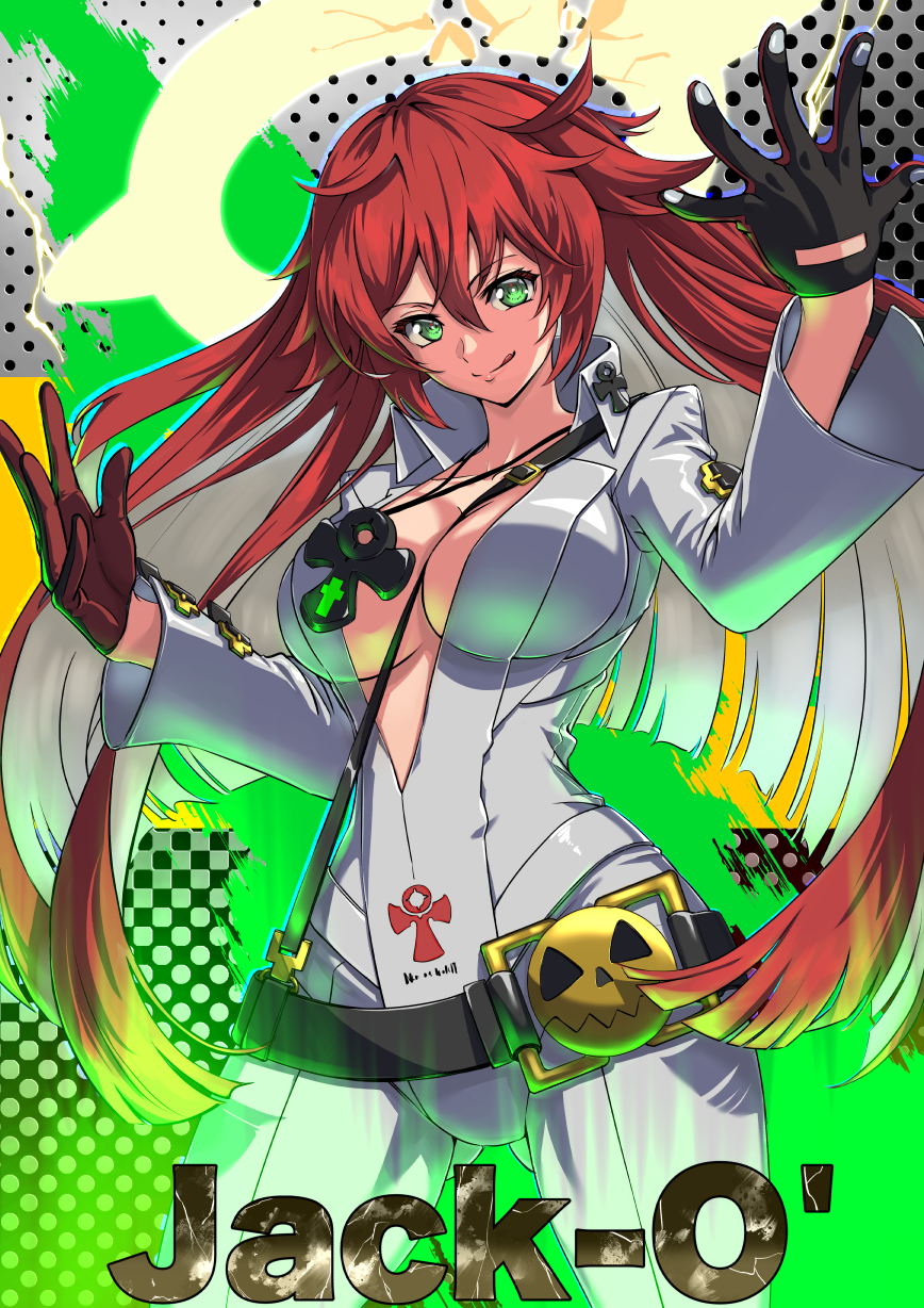 1girl ankh_necklace ass_visible_through_thighs bell-bottoms belt black_gloves bodysuit breasts broken_halo character_name cleavage compass_rose_halo front_slit gloves green_eyes guilty_gear guilty_gear_strive halo highres jack-o'_valentine kaijin-m large_breasts long_hair long_sleeves pants red_gloves red_hair skull_belt solo studded_belt tongue tongue_out too_many_belts two-tone_gloves white_bodysuit