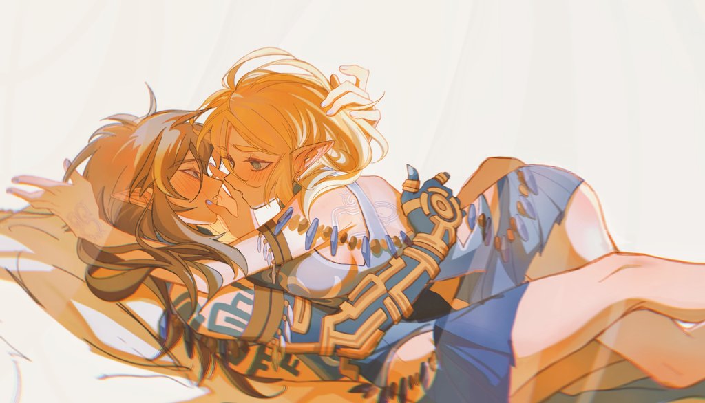 1girl blonde_hair blue_eyes blush couple cuddling eye_contact face-to-face girl_on_top hand_on_another's_face hands_on_another's_face hetero imminent_kiss link looking_at_another lying lying_on_person on_back on_person pointy_ears princess_zelda profile short_hair shuo_yue the_legend_of_zelda the_legend_of_zelda:_tears_of_the_kingdom