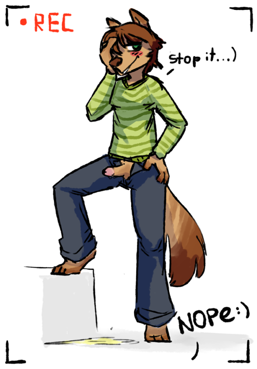 anthro being_watched big_nose blush blush_lines blushy_(artist) bodily_fluids bottomwear camera camera_view canid canine clothed clothing denim denim_clothing digital_drawing_(artwork) digital_media_(artwork) fur genital_fluids genitals green_eyes jeans looking_at_another male mammal messy pants peeing peeing_male peeing_on_ground puddle record recording simple_background solo unbuttoned unbuttoned_pants urine watersports wet wetting