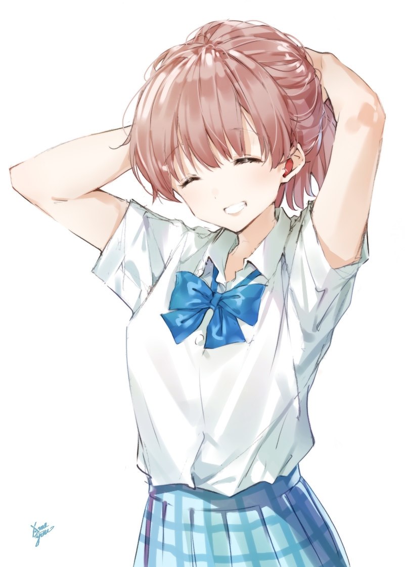 1girl :d ^_^ adjusting_hair arms_behind_head blue_bow blue_bowtie bow bowtie brown_hair closed_eyes facing_viewer grin hearing_aid koe_no_katachi nishimiya_shouko ponytail school_uniform shirt short_sleeves simple_background smile takenoko_no_you teeth white_background white_shirt