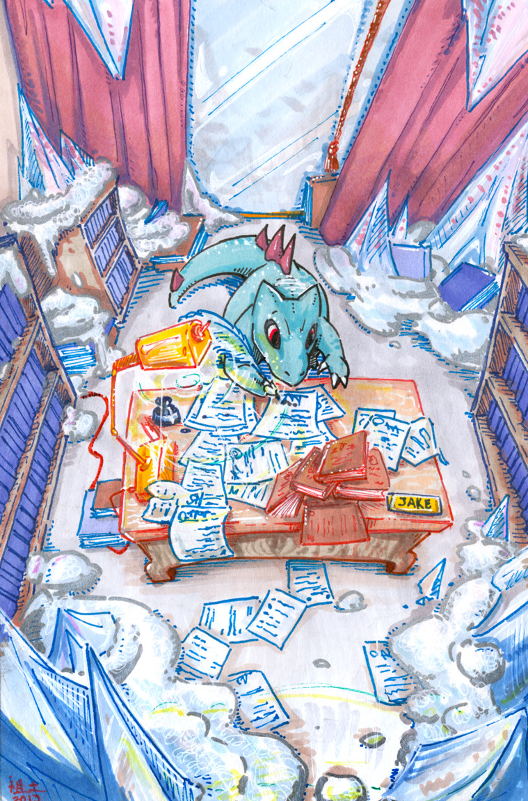 2013 3_fingers ambiguous_gender blue_body book bookshelf clutter curtains desk detailed_background feather_pen feral fingers furniture generation_2_pokemon ice ink lamp messy_room nintendo not-fun paper pokemon pokemon_(species) red_eyes snow solo spikes spikes_(anatomy) table text totodile window