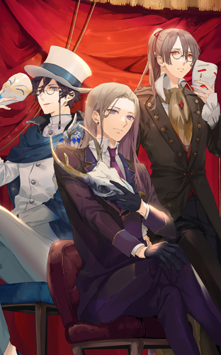 3boys animal_skull ascot black_coat black_gloves black_hair black_pants blue_cape blue_eyes brooch brown_hair bungou_to_alchemist cape chair closed_mouth coat collared_shirt crossed_legs curtains earrings edogawa_ranpo_(bungou_to_alchemist) expressionless feet_out_of_frame frilled_sleeves frills fuyuomi glasses gloves hair_behind_ear hair_between_eyes half_gloves hat holding holding_mask holding_skull indoors jacket jewelry lapel_pin lapels long_hair looking_at_viewer lowres male_focus mask mole mole_under_eye monocle multiple_boys necktie notched_lapels official_art orange_eyes pants parted_bangs parted_lips pocket_square ponytail purple_eyes purple_jacket purple_necktie purple_pants purple_suit red_vest round_eyewear shirt sitting skull sleeve_cuffs stage_curtains standing stud_earrings suit third-party_source top_hat tsubouchi_shouyou_(bungou_to_alchemist) vest white_headwear white_jacket white_pants white_shirt white_suit yellow_ascot yumeno_kyuusaku_(bungou_to_alchemist)
