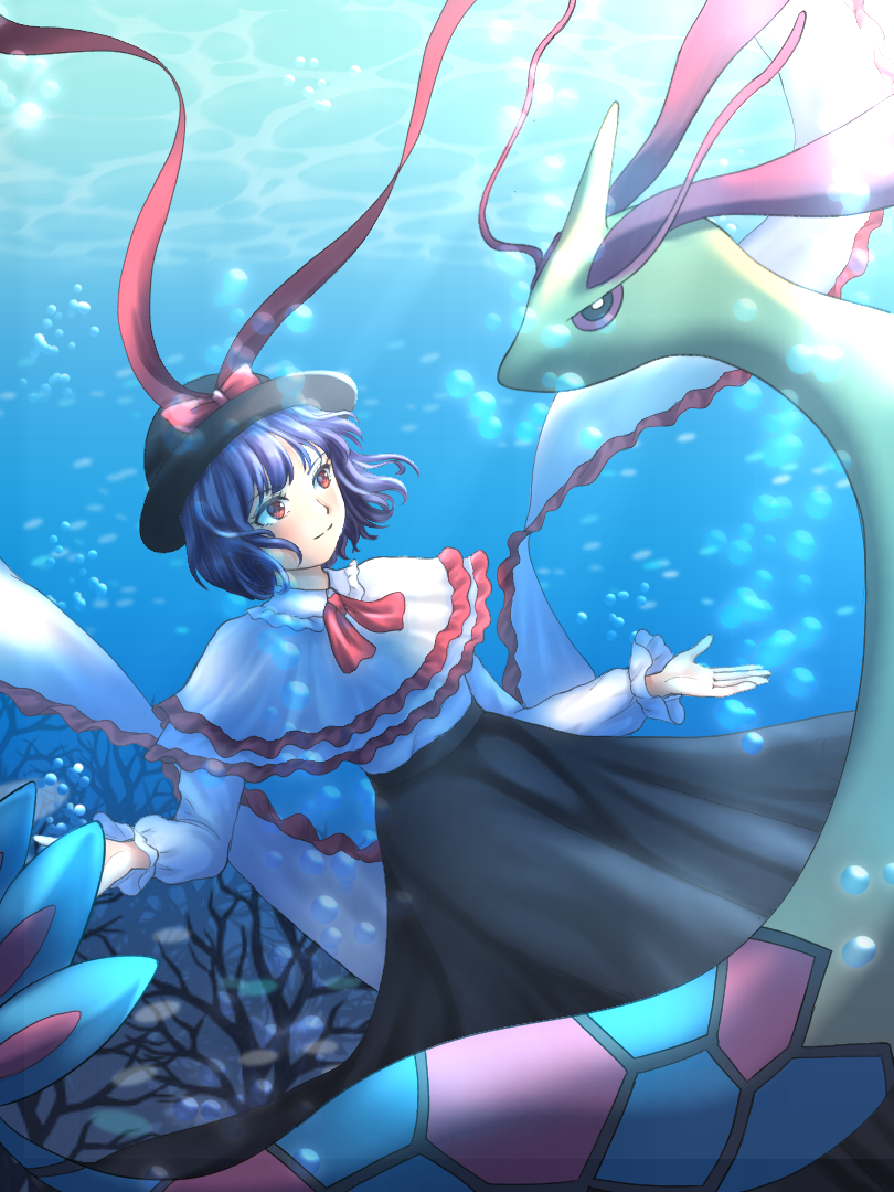 1girl black_headwear black_skirt bow bubble capelet closed_mouth commentary_request fish frilled_capelet frills hat hat_bow kyabekko long_skirt looking_at_viewer milotic nagae_iku outdoors pokemon pokemon_(creature) purple_hair red_bow short_hair skirt touhou underwater white_capelet