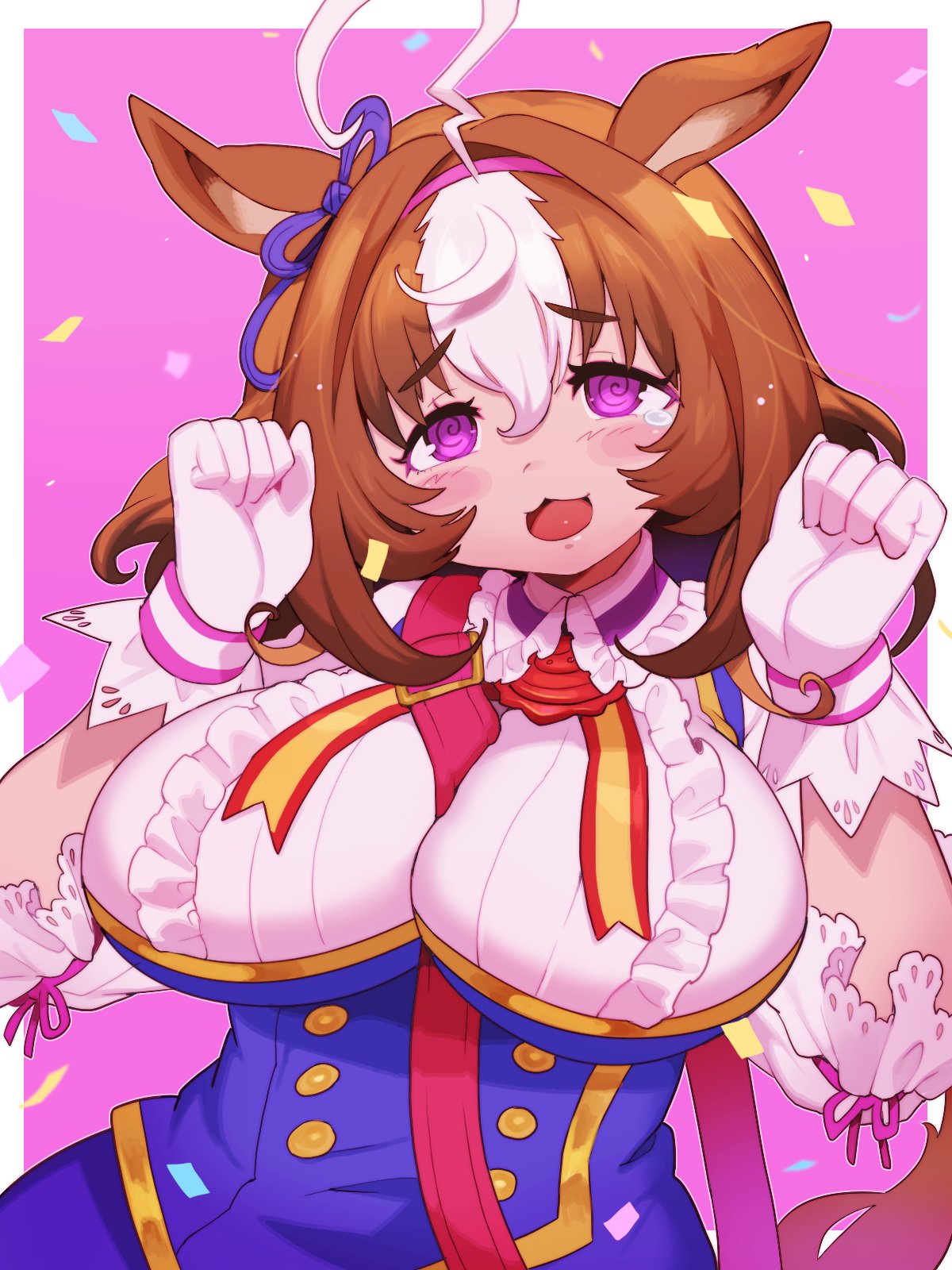1girl :3 @_@ ahoge animal_ears between_breasts blush border breasts buttons clenched_hands commentary_request confetti double-breasted furrowed_brow gloves hair_between_eyes hair_intakes hairband head_tilt highres long_hair looking_at_viewer meisho_doto_(umamusume) multicolored_hair open_mouth outside_border pink_background purple_eyes sanjiro_(tenshin_anman) simple_background solo tareme tearing_up two-tone_hair umamusume upper_body white_border white_gloves white_hair