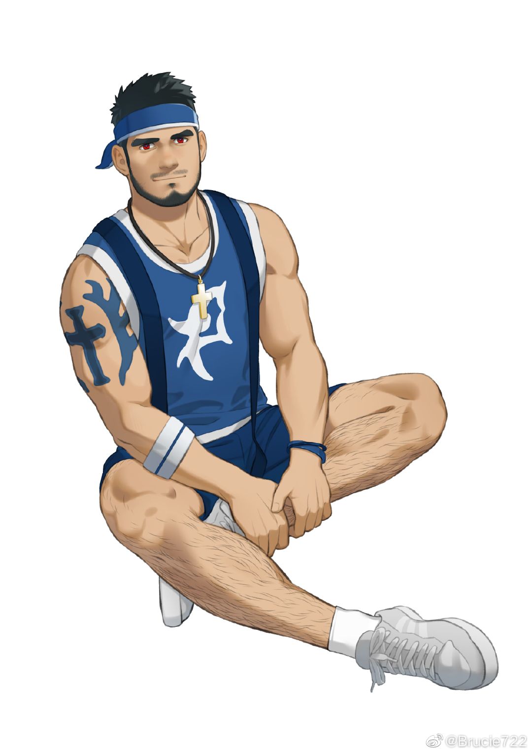 1boy arm_tattoo bara bare_arms beard black_hair blue_headband blue_shirt blue_shorts brucie_(infighter821) commission cross cross_necklace dungeon_and_fighter facial_hair headband highres jewelry koji_(wildlhz) leg_hair looking_at_viewer male_focus male_priest_(dungeon_and_fighter) mature_male muscular muscular_male mustache necklace pectorals red_eyes second-party_source shirt shoes short_hair shorts sitting sleeveless sleeveless_shirt smile sneakers socks solo tattoo white_background white_socks