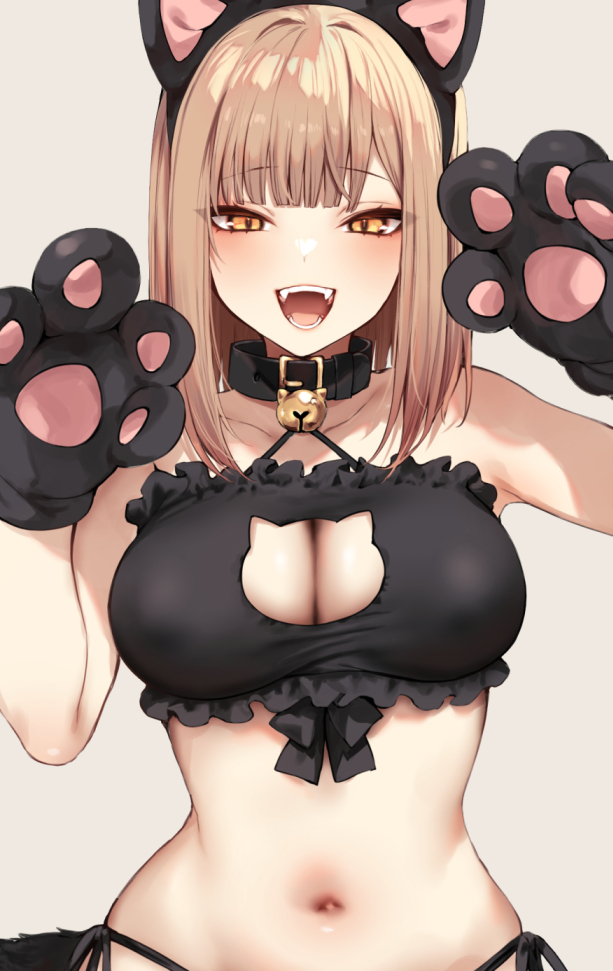 1girl :d animal_ears animal_hands bare_arms bare_shoulders bell black_bra black_collar black_hairband black_panties blonde_hair blunt_bangs bra breasts cat_cutout cat_ears cat_lingerie cleavage_cutout clothing_cutout collar collarbone commentary danimaru fake_animal_ears fangs gloves hairband hands_up jingle_bell large_breasts looking_at_viewer medium_hair meme_attire navel neck_bell open_mouth original panties paw_gloves paw_pose side-tie_panties simple_background slit_pupils smile solo stomach underwear upper_body yellow_eyes