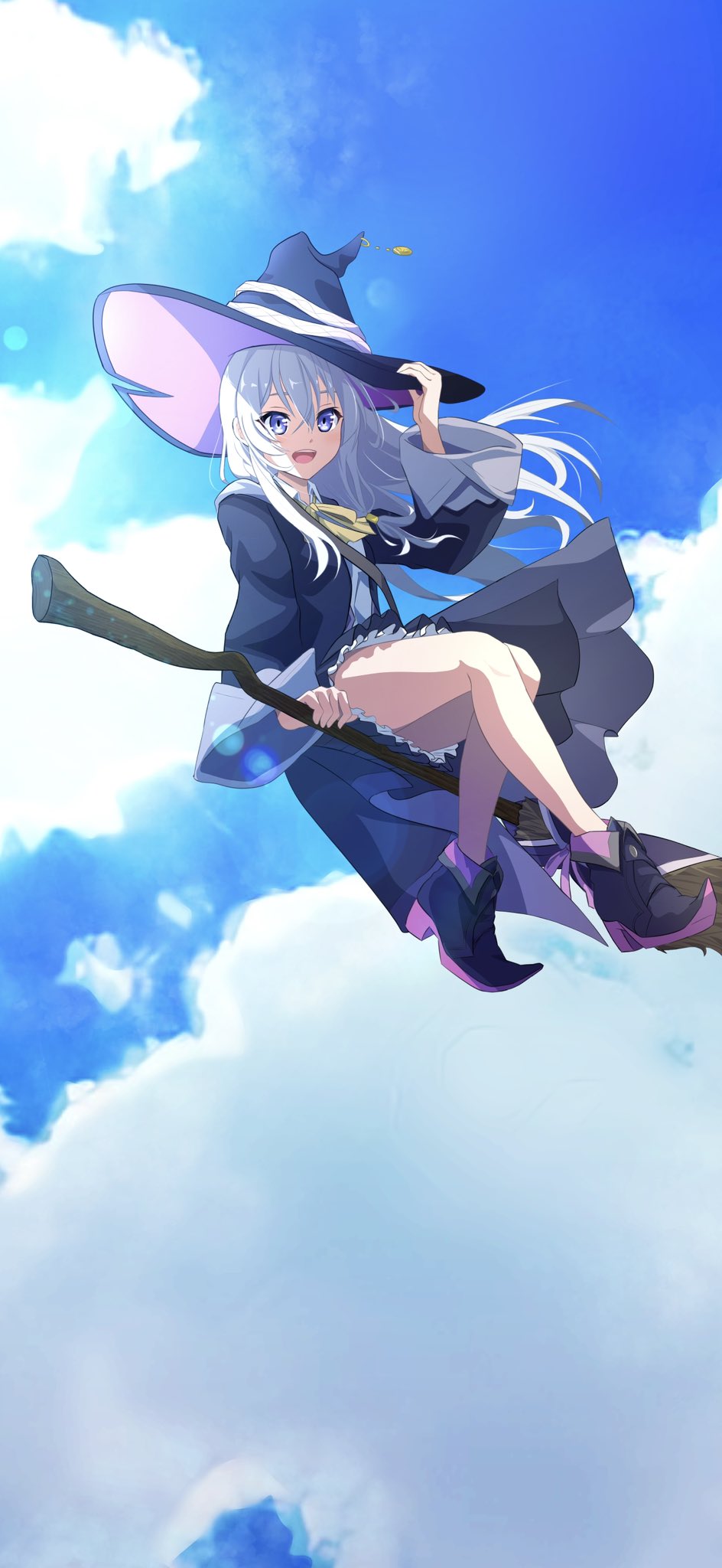 1girl black_headwear black_robe blue_sky bow bowtie broom broom_riding camui1104 cloud cloudy_sky collared_shirt cover_image elaina_(majo_no_tabitabi) flying hat highres hooded_robe long_hair long_sleeves looking_at_viewer majo_no_tabitabi open_clothes open_mouth open_robe pointy_footwear ribbon robe shirt sidesaddle sky smile solo white_shirt witch witch_hat yellow_bow yellow_bowtie yellow_ribbon